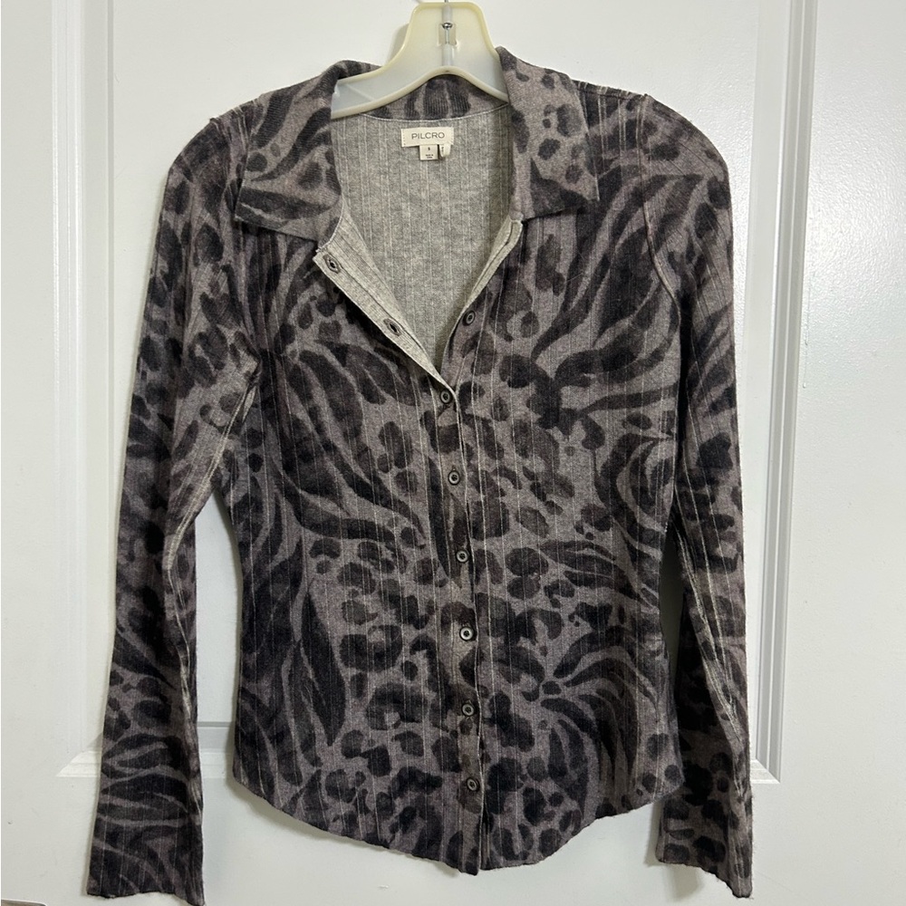 Pilcro Black and Gray Animal Print Button Down Cashmere Shirt